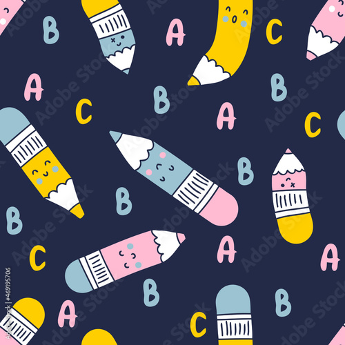 Dark pencils and letters hand drawn vector seamless pattern. Design for decoration notebook, planner, notepad, copybook and journal. Perfect for T-shirt, fabric, textile and print. 
