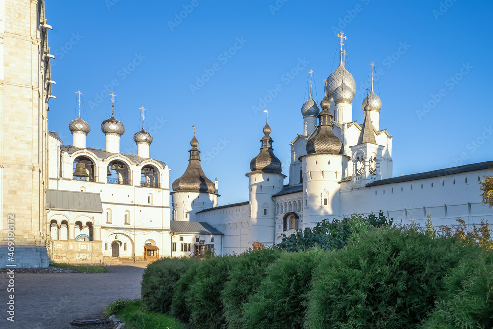 Rostov Veliky Kremline wall, the gateway Church of the Resurrection with a fortified tower and Assumption Cathedral Belfry