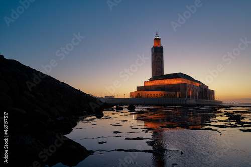 Travel by Morocco. Hassan II Mosque in dusk evening time, Casablanca.