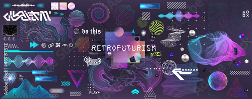 Naklejka Retrofuturistic 3D trendy collection. Trendy elements in vaporwave style from 80s-90s. Old wave cyberpunk concept. Shapes design elements for disco genre, retro party. Neon glitch shapes. Vector set