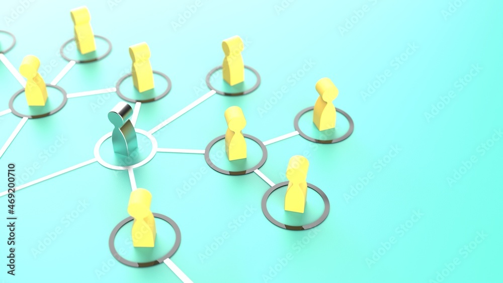 Chain of yellow human figurines connected by silver lines on green plate. Cooperation and interaction between people and employees. Dissemination of information in society, rumors. 3D illustration. Chain of yellow human figurines connected by silver lines on green plate. Cooperation and interaction between people and employees. Dissemination of information in society, rumors. 3D illustration.