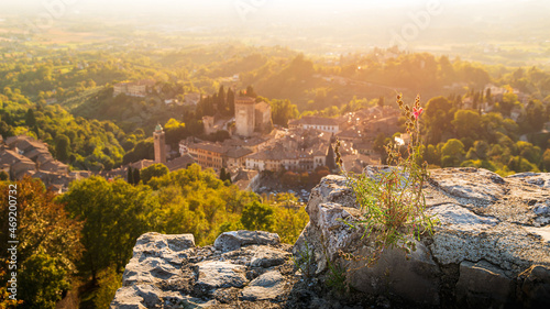 View of the Asolo ancient town from the walls of the Rocca di Asolo, fowers on the foreground