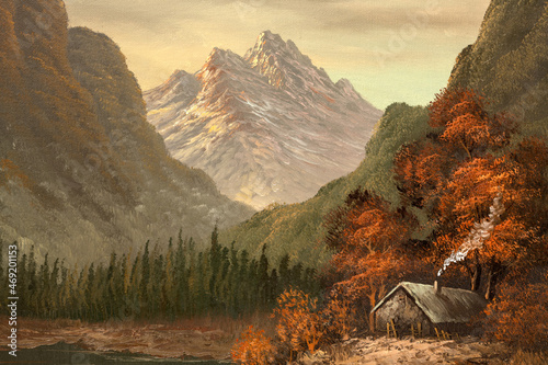 Fototapeta Naklejka Na Ścianę i Meble -  Fragment of vintage oil painting depicting a small cabin house near a lake and woods.