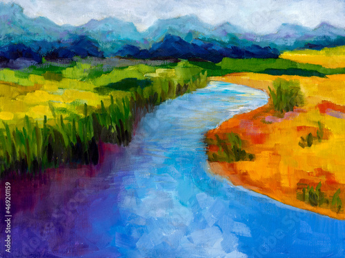 Contemporary expressionism oil painting depicting a landscape with fields. river, and mountains. photo