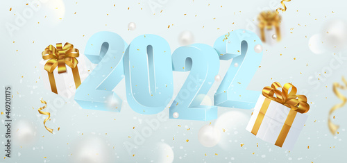 Christmas and New Year background with levitating text 2022, gift boxes and golden candy. Realistic holiday banner