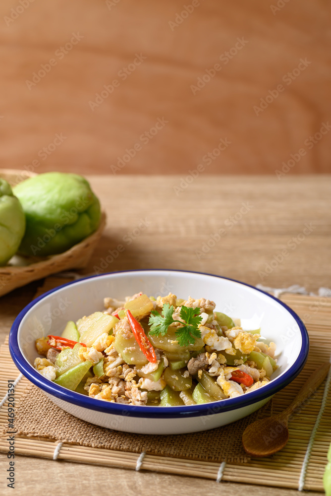 Northern Thai food, Stir fried chayote squash with egg and pork, Local Thai food Northern Thai food, Stir fried chayote squash with egg and pork, Local Thai food