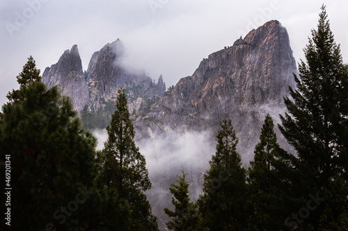 Castle Crags in northern Shasta County, California, USA on a stormy autumn day as seen from Castella California.