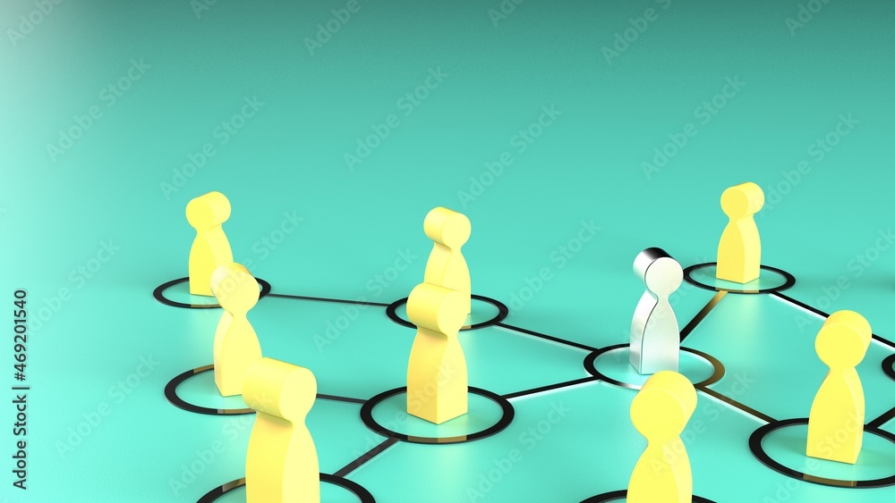 Obraz premium Chain of yellow human figurines connected by silver lines on green plate. Cooperation and interaction between people and employees. Dissemination of information in society, rumors. 3D illustration.