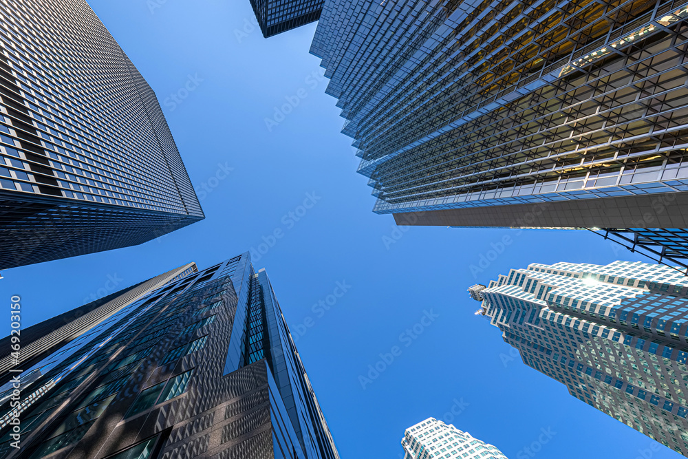 Scenic Toronto financial district skyline in the city downtown near Yonge and King intersection, Stock Exchange and banking plaza.