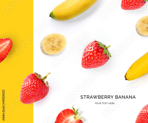 Fototapeta Naklejka Na Ścianę i Meble -  Creative layout made of strawberry  and bananas on the yellow and white background. Flat lay. Food concept.