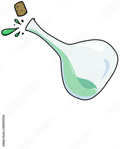 Hand drawn color vector illustration of a potion bottle and cork tipping with green liquid splashing out. photo