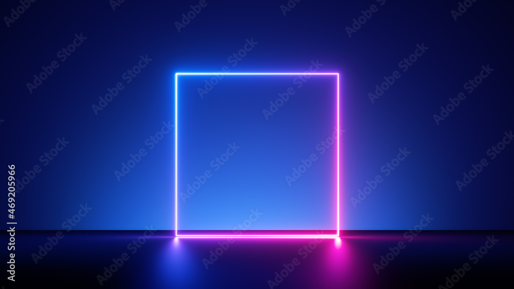 3d render, abstract blue background with glowing neon square, blank rectangular frame. Simple geometric shape. Laser line with pink blue gradient light - obrazy, fototapety, plakaty 