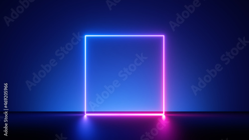 Fényképezés 3d render, abstract blue background with glowing neon square, blank rectangular frame