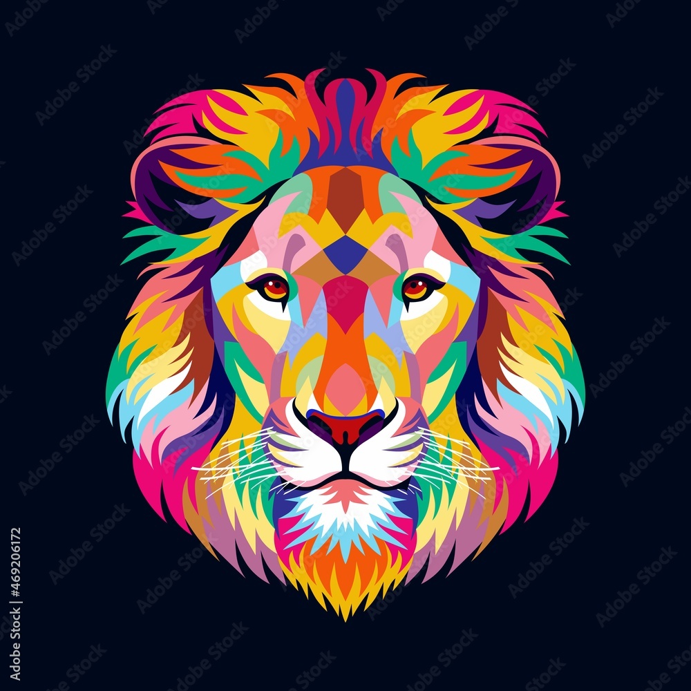 lion head full of bright color, symbol or logo, simple and elegant.
