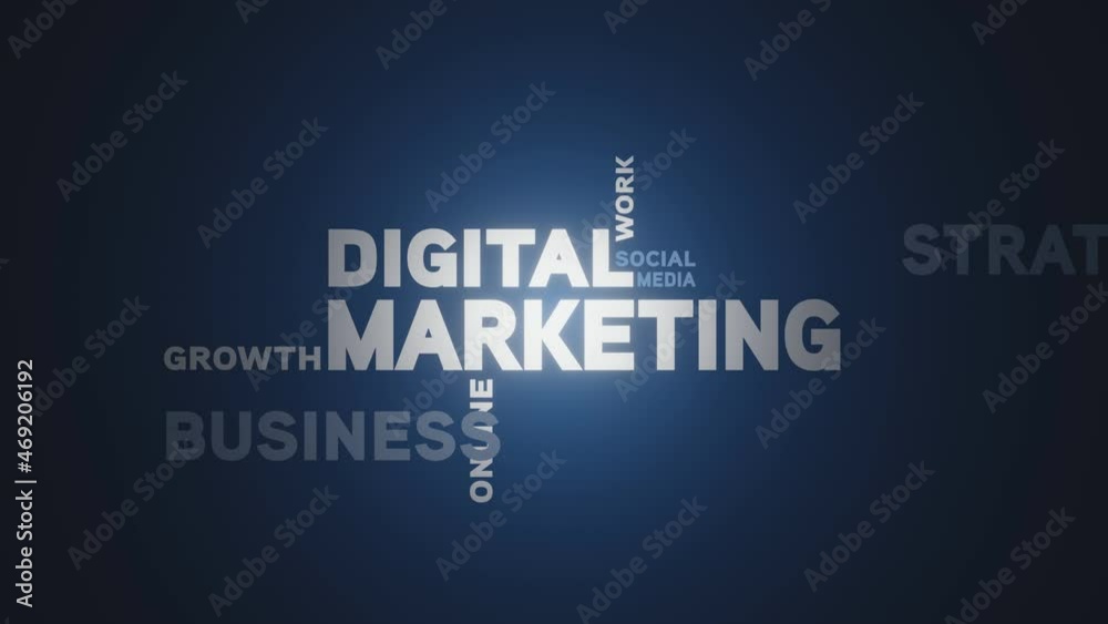 Digital marketing kinetic typography with glossy white and light blue words on dark blue gradient background.