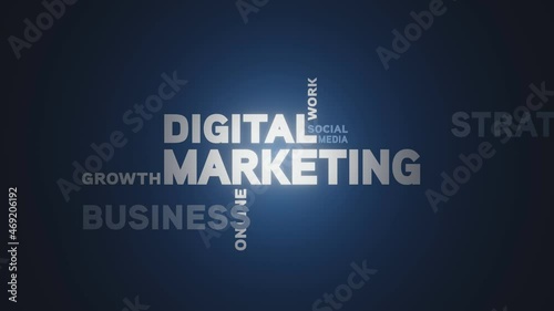 Digital marketing kinetic typography with glossy white and light blue words on dark blue gradient background.
