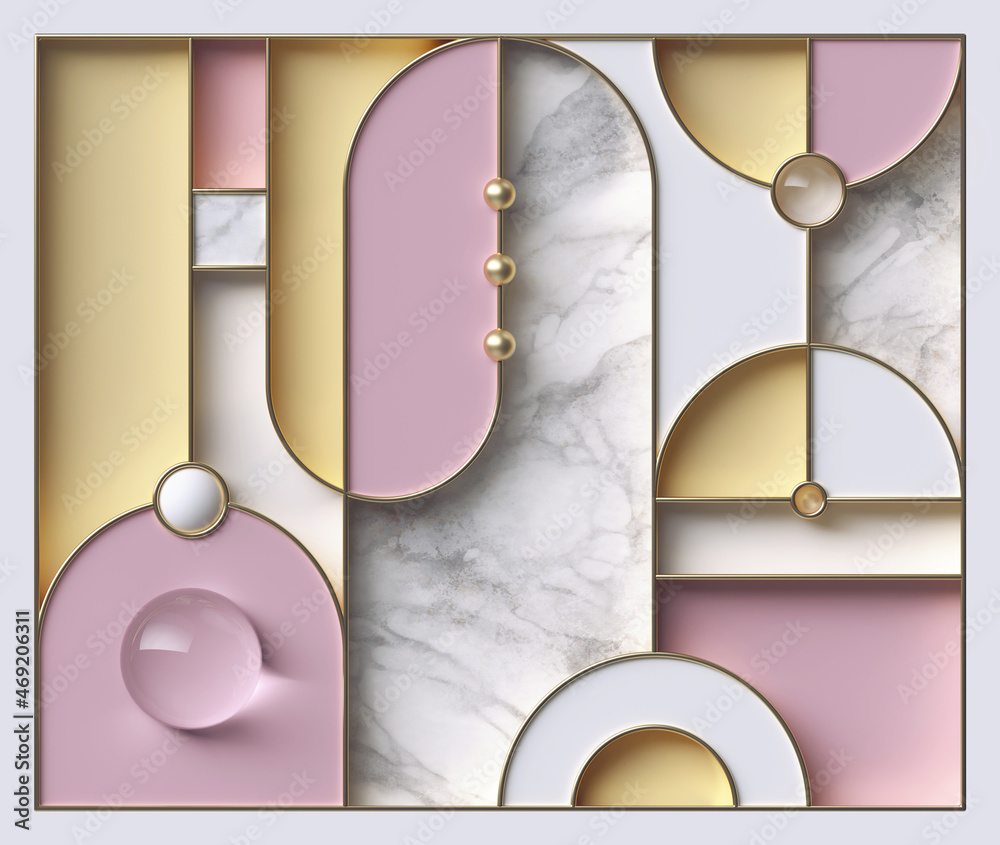 3d render, abstract geometric background with pink yellow curvy shapes ...