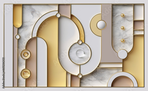 Fototapeta Naklejka Na Ścianę i Meble -  3d render, abstract geometric background with pastel curvy shapes, white marble texture and golden lines. Art deco wallpaper
