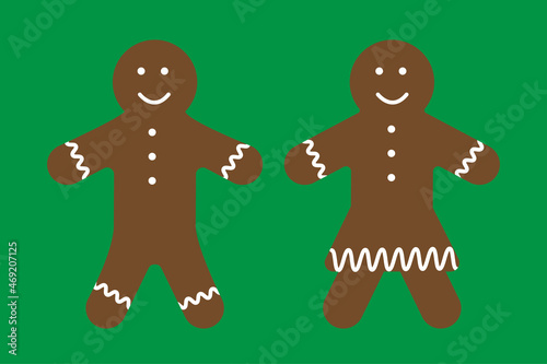 Christmas gingerbread icon. Boy and girl. Green background. Celebration cookies. Vector illustration. Stock image. 