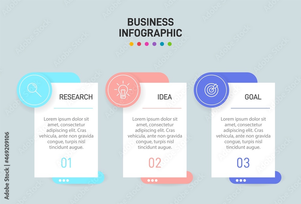 Fototapeta premium Concept of arrow business model with 3 successive steps. Three colorful graphic elements. Timeline design for brochure, presentation. Infographic design layout.
