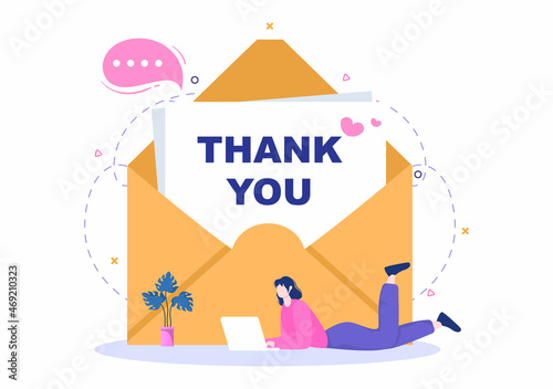 Email Thank You Banner flat illustration with Envelope Greeting Card and Text Thanks Vector Background