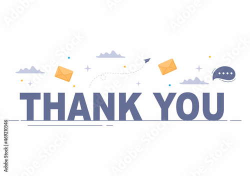 Email Thank You Banner flat illustration with Envelope Greeting Card and Text Thanks Vector Background