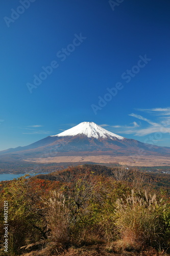 Mt. Fuji covered with snow in the blue sky in Japan