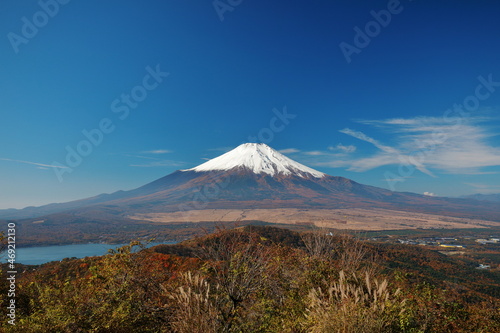 Mt. Fuji covered with snow in the blue sky in Japan