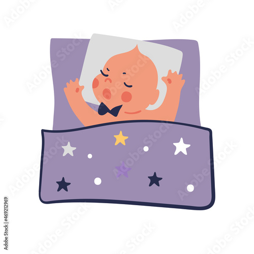 Cute sleeping baby in cot. Flat cartoon vector illustration with newborn baby, modern design. Vector illustration about motherhood, family, childhood.