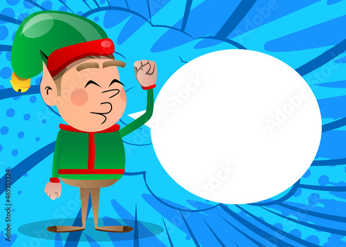 Christmas Elf making power to the people fist gesture. Vector cartoon character illustration of Santa Claus's little worker, helper.