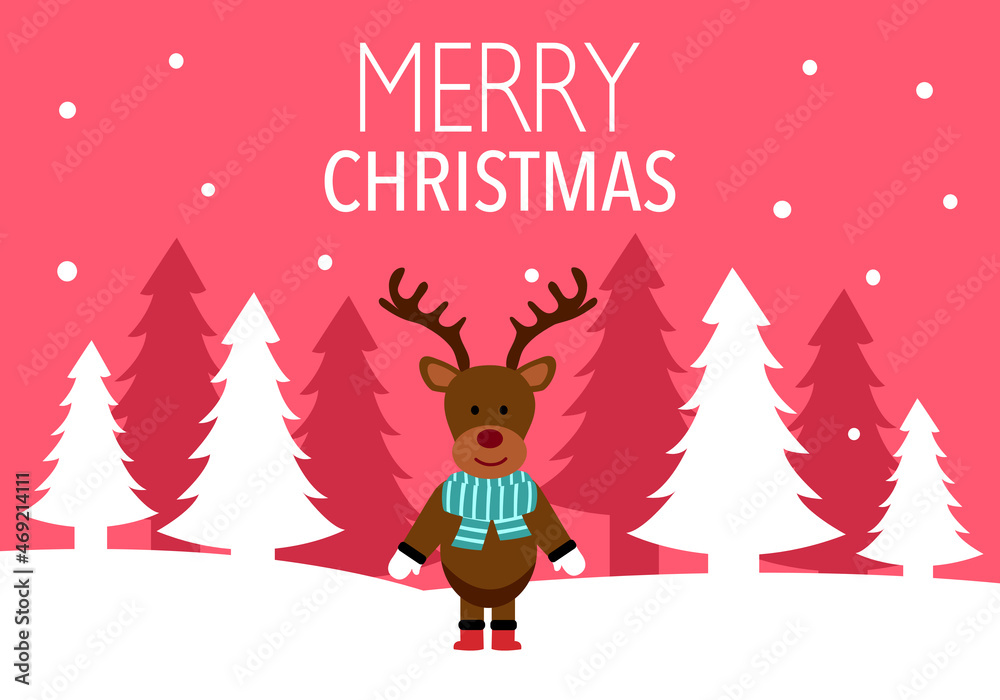 Cute reindeer wearing scarf with Christmas trees and falling snow on background. Merry Christmas concept vector illustration. Design for poster, banner and greeting cards.