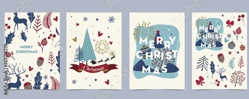 Collection of chritsmas background set with deer,firework,tree