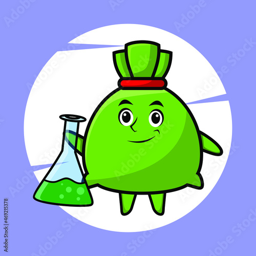 money bag mascot character as scientist with chemical reaction glass cute style design for t-shirt, sticker, logo element