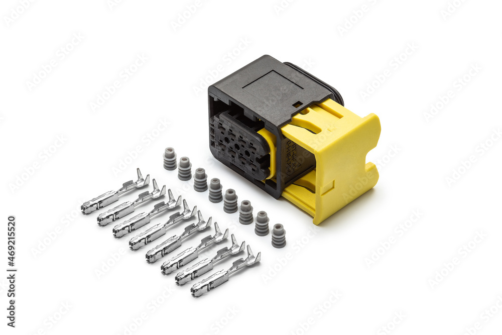 Connector for wiring. Spare part of the engine electrical system. Contact electrical connector isolated on white background