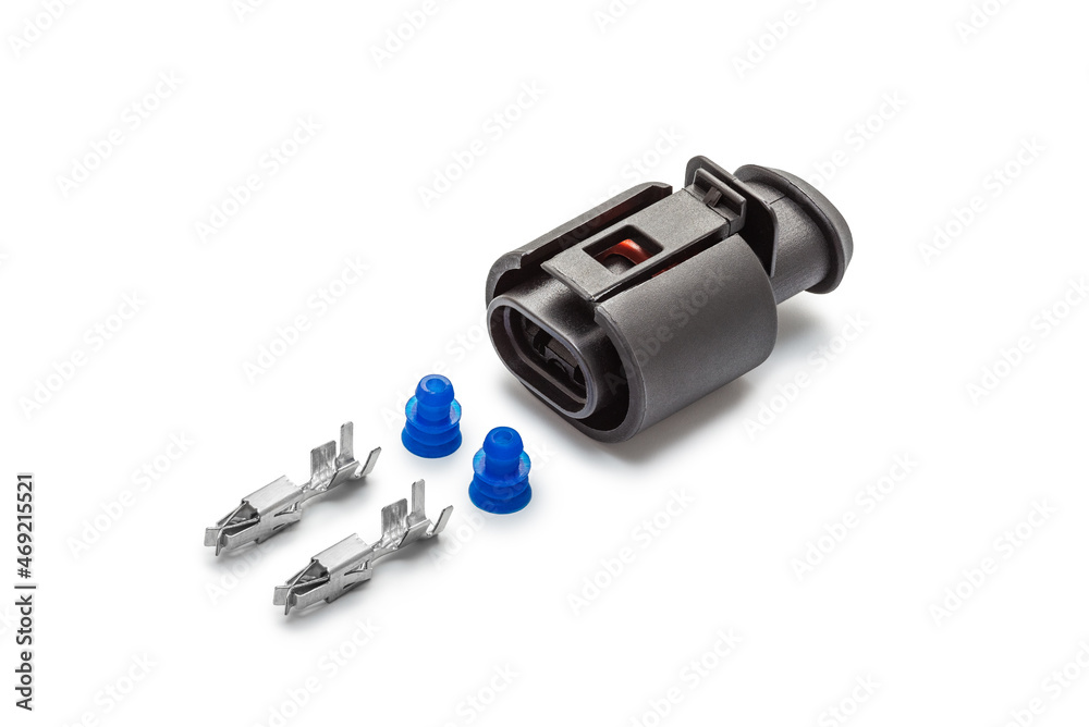 Connector for wiring. Spare part of the engine electrical system. Contact electrical connector isolated on white background