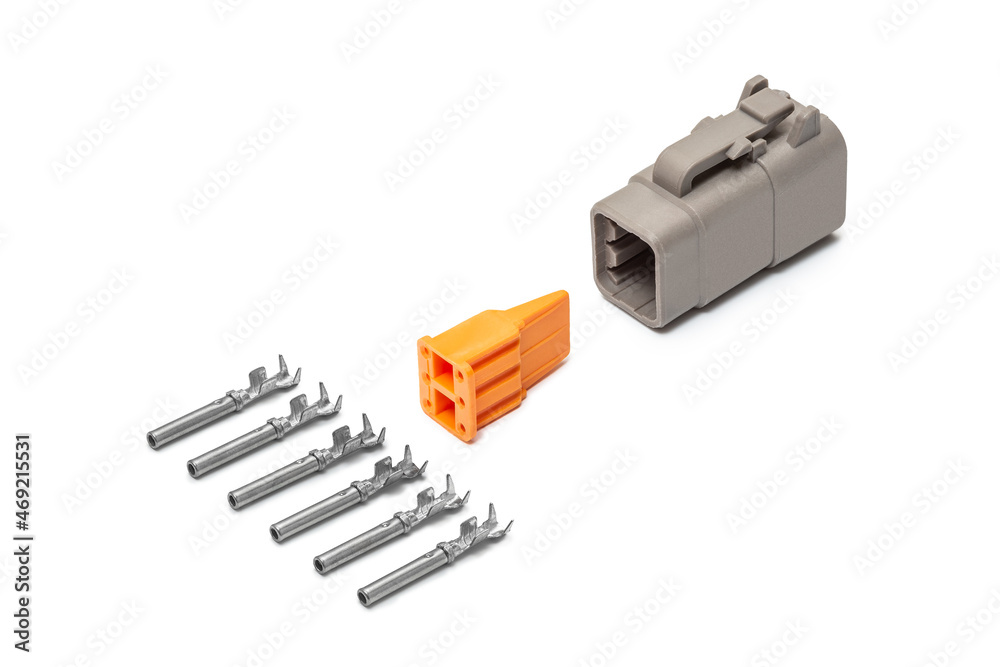 Connector for wiring. Spare part of the engine electrical system. Contact electrical connector isolated on white background