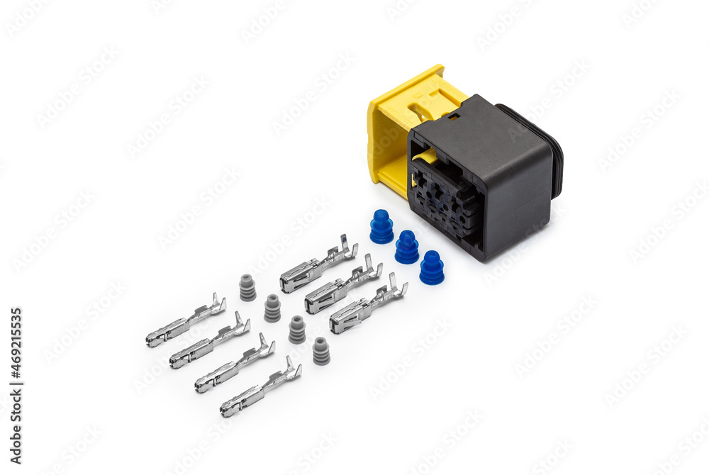 Connector for wiring. Spare part of the engine electrical system. Contact electrical connector isolated on white background