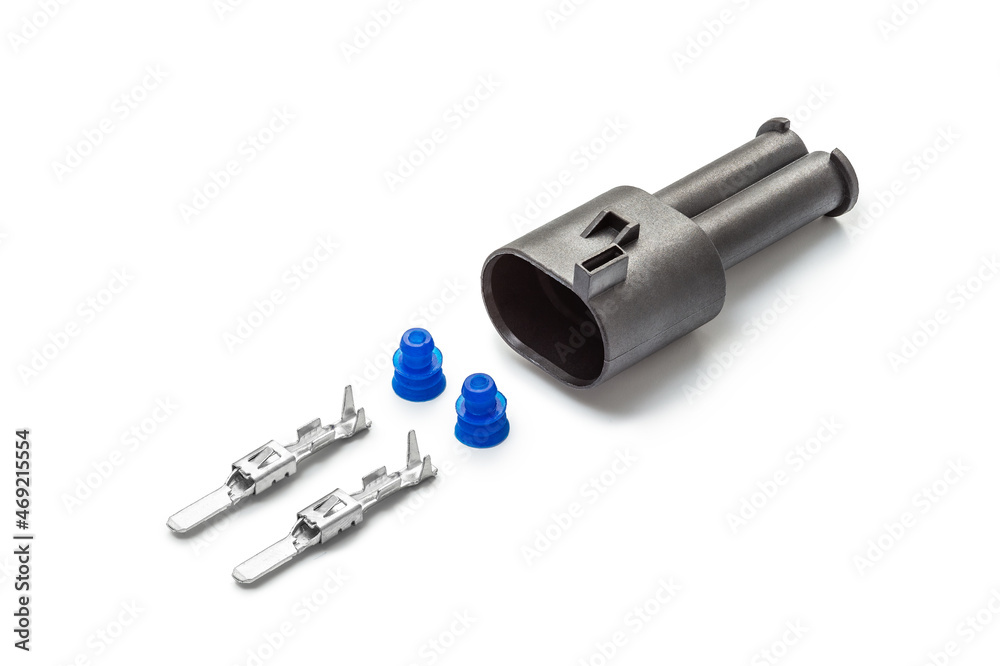 Connector for wiring. Spare part of the engine electrical system. Contact electrical connector isolated on white background