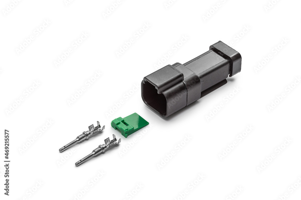 Connector for wiring. Spare part of the engine electrical system. Contact electrical connector isolated on white background