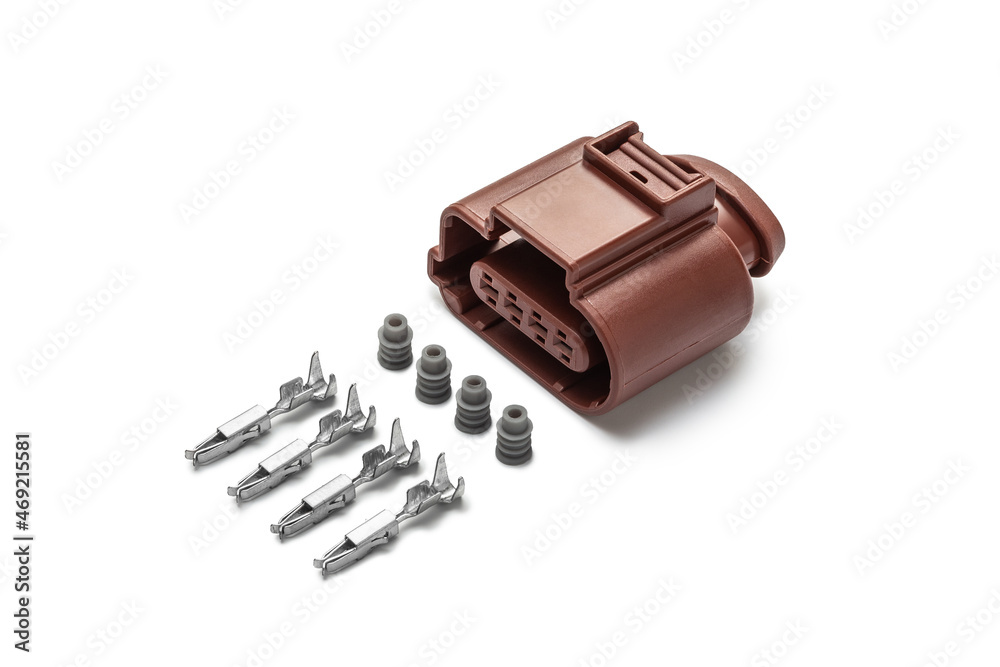 Connector for wiring. Spare part of the engine electrical system. Contact electrical connector isolated on white background