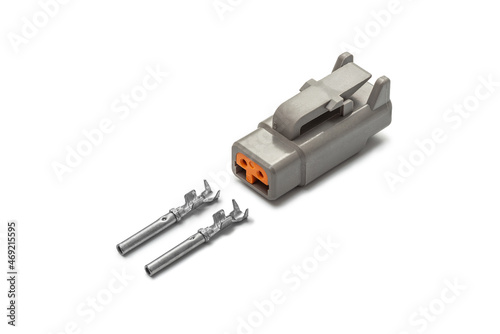 Obraz na płótnie Connector for wiring. Spare part of the engine electrical system. Contact electrical connector isolated on white background w salonie