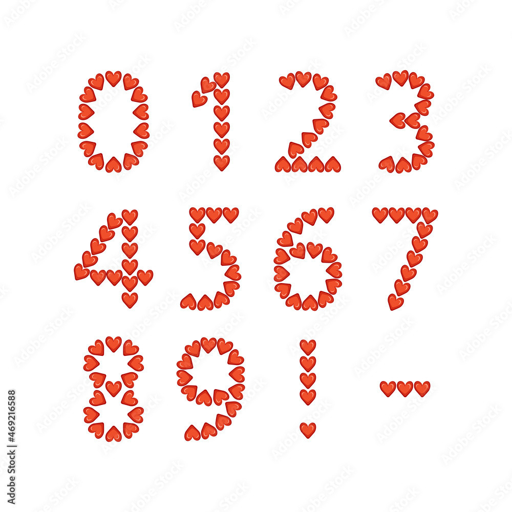 Numbers from red hearts, love symbol. Festive font or decoration for valentine day, wedding, holiday and design Numbers from red hearts, love symbol. Festive font or decoration for valentine day, wedding, holiday and design