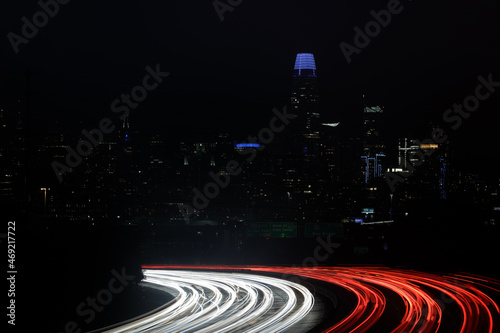 Photography San Francisco Downtown and Car Light Trails on Highway Glow in the Dark