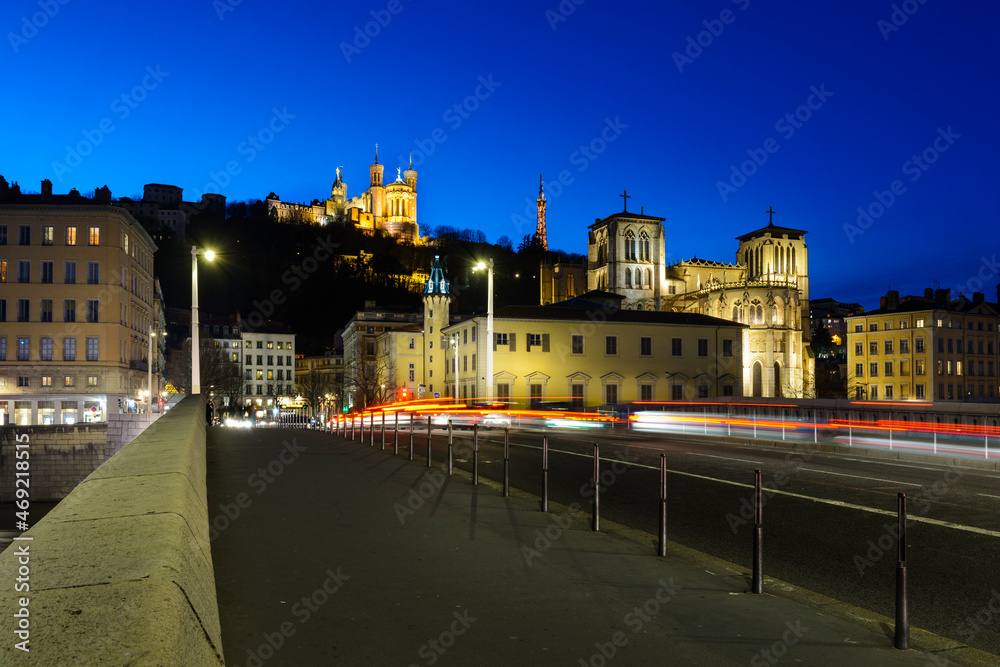Vieux Lyon by night with a view of Fourviere basilica