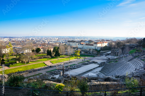 Roman theater of Lyon city during a sunny day, Lyon, France