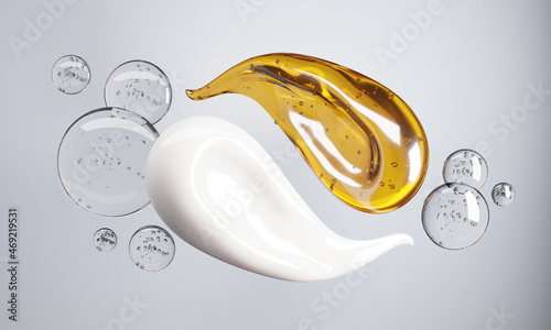 Cream and Essence oil mixed surrounded by warter bubbles on a white background.-3d rendering.