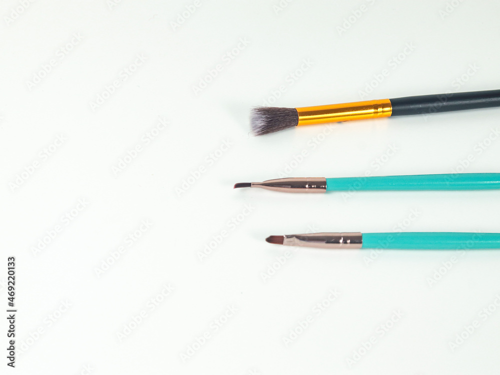 makeup tools brush on white background on top view makeup tools brush on white background on top view