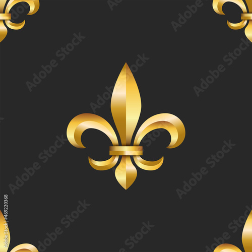Golden heraldic lily 3d seamless pattern black background for fabric, gold gradient faceted fleur-de-lis symbol, fashion floral backdrop creative design.