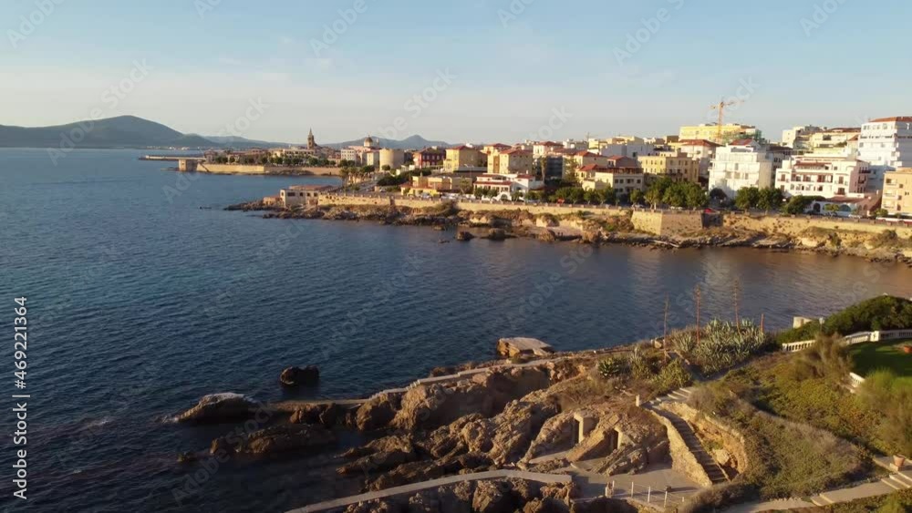 Drone shot flying over the Mediterranean Sea on the coast of Alghero, Italy Drone shot flying over the Mediterranean Sea on the coast of Alghero, Italy