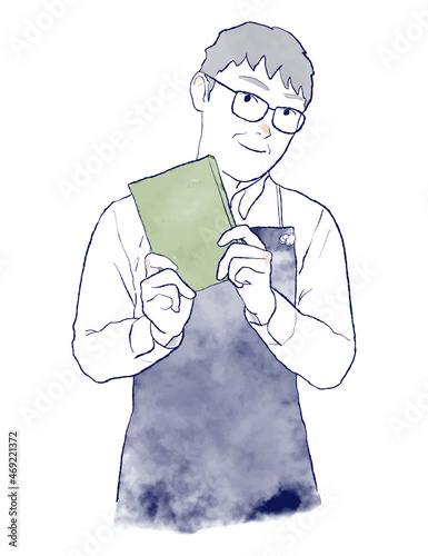 本を薦める書店員の高齢男性・上半身の水彩とインク手描きイラスト　アジア人　メガネ　エプロン　本屋